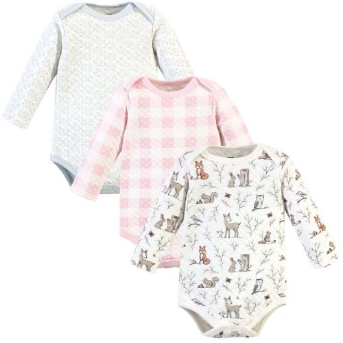 Hudson Baby Infant Girl Quilted Long-Sleeve Cotton Bodysuits 3pk, Enchanted Forest, 9-12 Months