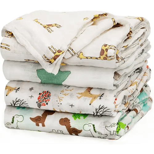 upsimples Baby Swaddle Blanket Unisex Swaddles Wrap Soft Silky Muslin Neutral Receiving Blankets for Boys and Girls, Large 47 x 47 inches, Set of 4 - Fox/Elephant/Giraffe/Dinosaur