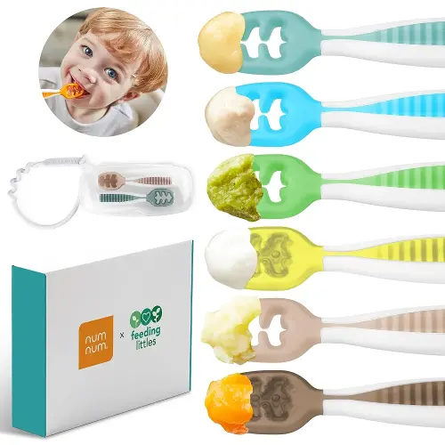NumNum Baby Spoons Set, Feeding Littles x Silicone Pre-Spoon GOOtensils for Baby Led Weaning, Self-Feeding & Teething, First Stage Toddler Utensils for Ages 6+ Months, 6-Pack, BPA-Free (Neon)