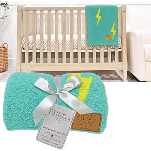 Lightning Bolt Baby Blanket 28"x40" with Leather Patch - Soft Knitted Throw for Crib or Stroller - Receiving Blanket/Newborn Nursery Gift Essential for Toddler, Infant or Kids (Teal/Green)