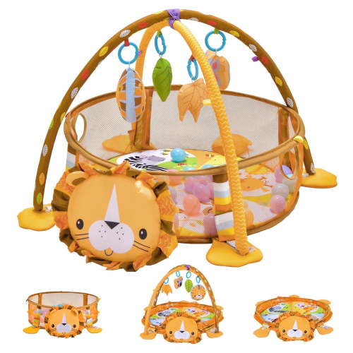 KOPPOP Baby Play Gym, 3-in-1 Activity Mat with Hanging Toys, Ocean Balls, Lion Storage Bag for Newborns to Toddlers 0-3
