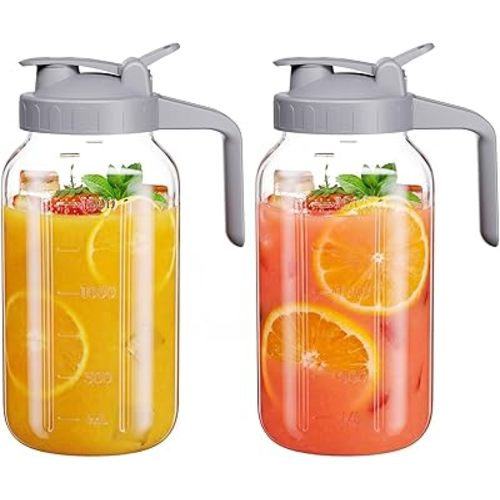 Glass Mason Jar Pitcher, 64 oz Wide Mouth Jug with Pour Spout Handle Lid for Cold Brew Coffee, Ice Beverage, Iced Juice, Lemonade, Sun Tea, Fruit Drinks Container(2PACK)