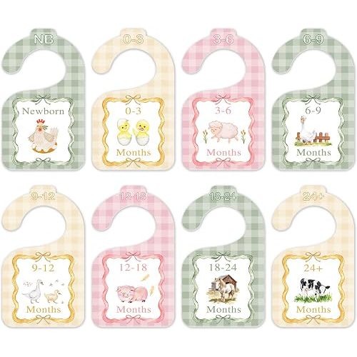 Farm Animals Baby Closet Dividers, Farmhouse 8 Pack Double Sided Nursery Organizer From Newborn to 24 Months, Cute Gingham Clothes Size Hanger Separators for Boys Girls -05
