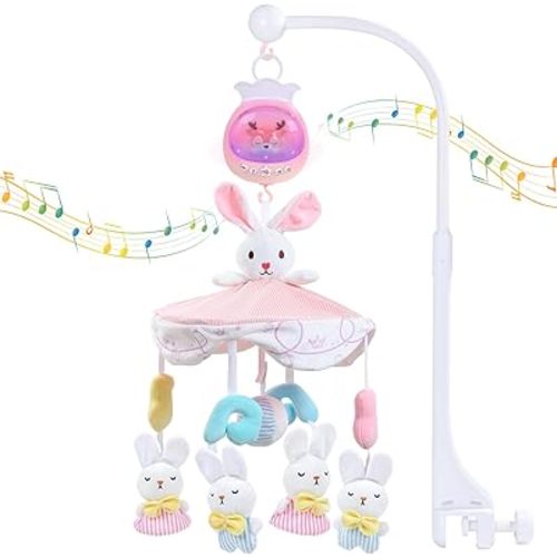 Baby Crib Mobile for Girls with Music, Lights & Projection, Adjustable Volume, 360° Rotating Plush Crib Toys with Detachable Musical Box, Hanging Mobile for Crib, Nursery Decor