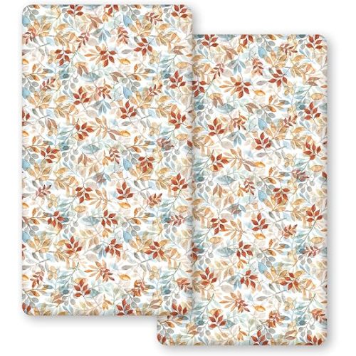 Horaldaily 2 Pack Fitted Crib Sheet for Boys Girls,Soft Breathable Washable Jersey Microfiber Baby Crib Sheet, Fits Standard Size Crib Mattress 28in x 52in, Watercolor Fall Leaves Fabric Set