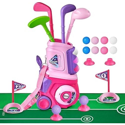 PJG Toddler Golf Set with Mat, Plastic Kids Golf Clubs Ages 1 2 3 4 5 Years Old with 4 Golf Clubs and 10 Balls, Toddler Golf Toys with Cart for Boys and Girls Birthday (Pink)