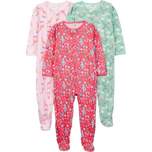 Simple Joys by Carter's Baby and Toddler Girls' 3 Pack Loose Fit Polyester Jersey Footed Pajamas