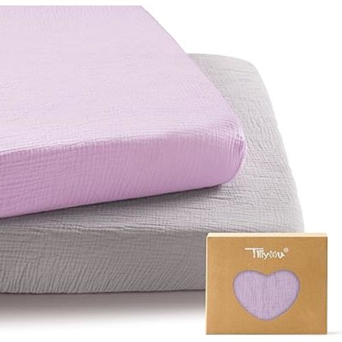 TILLYOU Muslin Mini Crib Sheets 2 Pack, Pack and Play Mattress Sheets Fitted for Pack N Play, 38 x 26 Sheet for Toddler, Grey and Purple