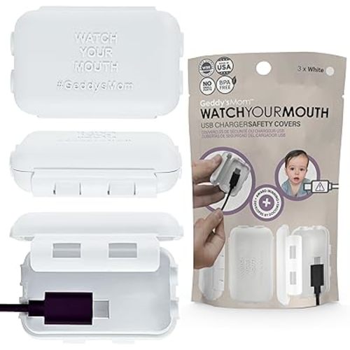 Baby Proof USB Charger Cover – Child-Resistant Cord Tip Enclosure for Standard USB Charging Cables – (3 Pack, White)