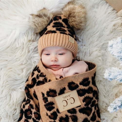 CC Baby Beanie Double Leopard Winter Hats, Latte Newborn - 9 Months