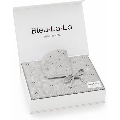 Bleu La La Organic Pointelle Receiving Swaddle Blanket for Girls - 100% Luxury Organic Soft Cotton Knit Warm Cozy Cuddle Stroller Crib Blanket for Newborns Infants & Toddlers (Dove Grey + Hat)