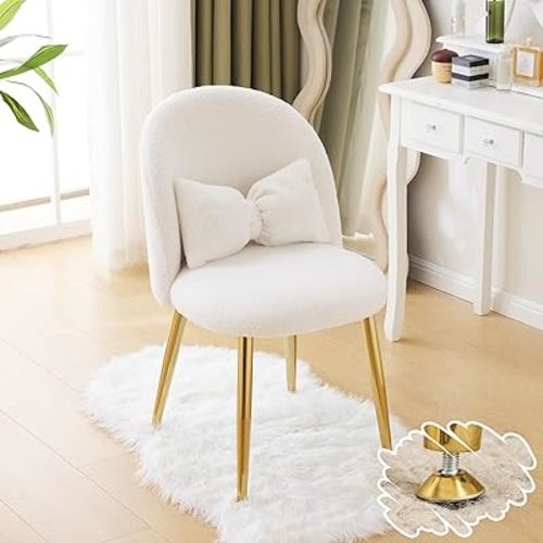 VINGLI Boucle Girls Vanity Chair with Back & Pillow,Cute Small Cozy Desk Chair No Wheels,Comfy Makeup Ch with Ajustable Gold Legs,for Bedroom,Living Room,Small Space,White
