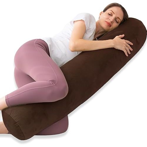 Round Body Pillow for Adults, Long Bolster Pillow for Bed with Removable Velvet Cover, Decorative Tube Roll Cylinder Pillow, 47 x 7.87 Inch, Coffee