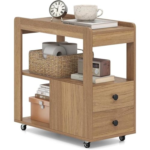 Giantex Rolling Side Table with Storage, Modern 2-Drawer Side Table with Wheels & Open Shelves, Small Night Stand, Narrow Bedside Table for Small Spaces Living Room Bedroom, Natural