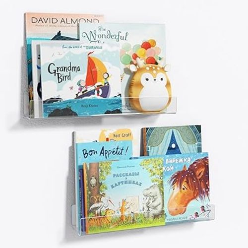 NIUBEE 16.5-Inch Acrylic Floating Bookshelves, 2-Pack, Clear Modern Wall Shelves for Child/Toddler， Invisible Ledge Book Shelves for Nursery/Kids Room/Playroom/Small Spaces.