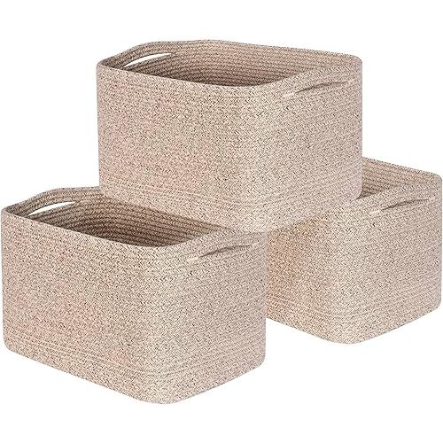 MINTWOOD Design 3-Pack Decorative Woven Storage Baskets for Shelves, Cube Bin Box for Organizing Books, Shoes, Dog Toys, Pantry Closet and Living Room Organizer, Oatmeal Brown