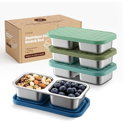 Tanjiae 10 oz Stainless Steel Snack Box for Kids & Toddlers, Multi-Compartment Small Leak Proof Food Containers with Silicone Lids - Reusable Metal Bento Box for Daycare, School, Travel, Camping