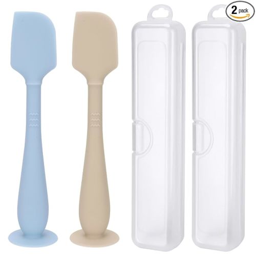 2 Pack Diaper Cream Spatula with Hygienic Travel Case, Butt Spatula Baby with Suction Base, Baby Butt Paste Spatula, Soft Silicone Diaper Rash Cream Applicator Large Size (Blue & Offwhite)