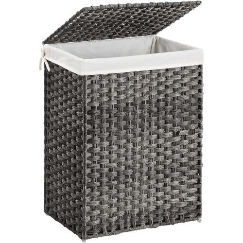 23.8 Gal (90L) White Laundry Hamper Wicker Laundry Basket with Lid and Handles Clothes Hamper Foldable Removable Liner Bag Gray