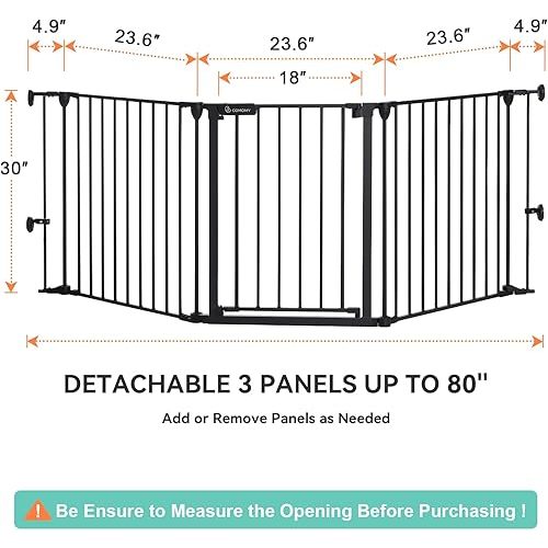 COMOMY 80" Extra Wide Baby Gate, Dog Gate for House Stairs Doorways Fireplace, Auto Close Pet Gate with Door Walk Through, 3 Metal Panels, Hardware Mounted Baby Fence Indoor Outdoor(30" Tall, Black)
