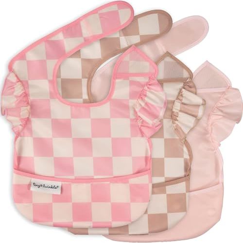 Tiny Twinkle Mess-Proof Baby Bibs for Eating | Waterproof, Wipeable Toddler Bibs with Catch-All Pocket | Feeding Bibs for Girls & Boys(3 Pack,Checkers Girl)