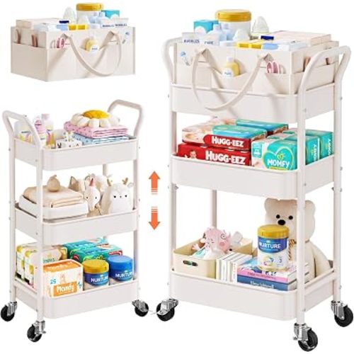 White 3 Tier Rolling Diaper Caddy Cart with Wheels,3in1 Detachable Dividers