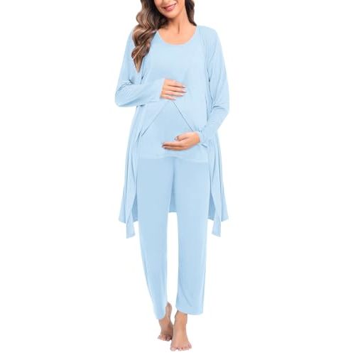 SWOMOG Maternity Nursing Robe Set 3 PCS Postpartum Breastfeeding Pajamas Hospital Pregnancy Pjs Double Layer Lounge Set