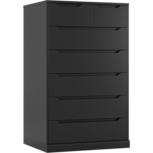 HITHOS 51" Tall 7 Drawers Dresser, Modern Black Dresser, Wood Dressers & Chests of Drawers with Cut-Out Handles, Upright Drawer Chest, Accent Vertical Dressers Storage Cabinet for Living Room, Black