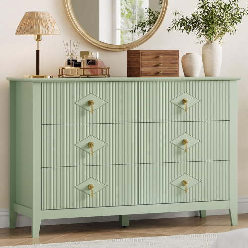 Fluted 6 Drawers Dresser for Bedroom, 47.2" Wide Modern Chest of Drawers with Metal Handle, Wooden Dresser Organizer for Bedroom, Living Room, Hallway, Entryway, Light Green
