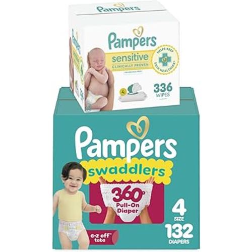 Pampers Swaddlers 360 Pull-On Diapers, Size 4, 132 Count, with Sensitive Baby Wipes, 4 Flip-Top Packs (336 Wipes Total) [Packaging May Vary]