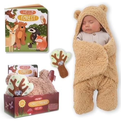 Tickle & Main Forest Animal Newborn Gift Set - 3-Piece, 26 x 29 in Cotton Swaddle Blanket - Plush Tree Rattle & Storybook