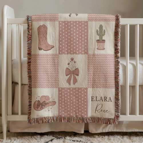 Personalized Cowgirl Baby Woven Blanket, Western Nursery Name Throw, Pink Boots Bow Cactus Patchwork Girl Shower Gift