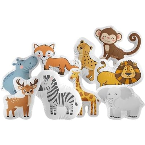 9 Pieces Playful Safari Jungle Animals Kids Room Decor Cushions Soft Throw Pillows Bundle Set Nursery Theme Playroom Cushion Cute Whimsical Themed Bedroom