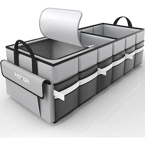 HOTOR Trunk Organizer - Car Organizer with Built-In Leakproof Car Cooler, Collapsible Trunk Organizer with Cooler for Car, SUV, Sedan, with Base Panel (3 Compartments, Grey),31.9"×12.6"×10.6"