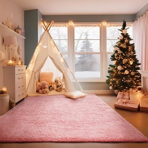Ophanie Light Pink Area Rugs for Bedroom Girls, 4x6 Kids Fluffy Fuzzy Furry Shag Carpet, Plush Soft Cute Baby Shaggy Bedside Indoor Floor Rug for Teen Dorm Home Decor Aesthetic, Nursery