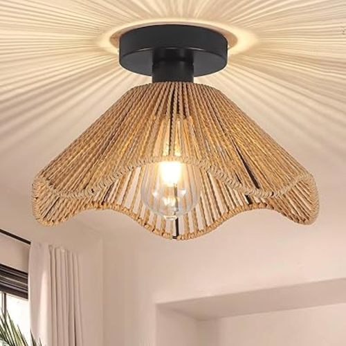 Surpars House Boho Rattan Ceiling Light Fixture, Mini Rattan Chandelier Lighting Fixture, Hand Woven Ceiling Light Fixtures for Hallway Bedroom Kitchen Entryway Living Room (Light Brown)