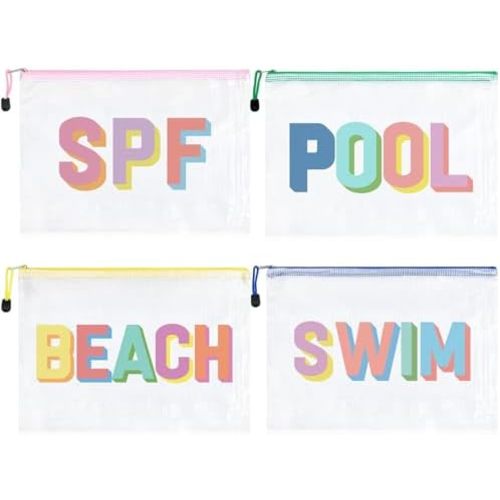 SOIDRAM 4PCS Beach Makeup Bags SPF Cosmetic Bags for Women Girls Summer Varsity Zipper Pouch Clear Waterproof Beach Toiletry Organizer Trendy PVC Makeup Bag for Travel Sandproof Essential