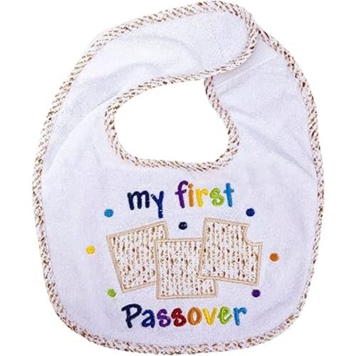 Rite Lite My First Passover Bib - Stylish & Cute White Pesach Seder Baby Bib Rainbow Lettering Matzah Design Jewish Holiday Party Apparel Accessories Party Favors Judaism Baby Gifts for Newborns