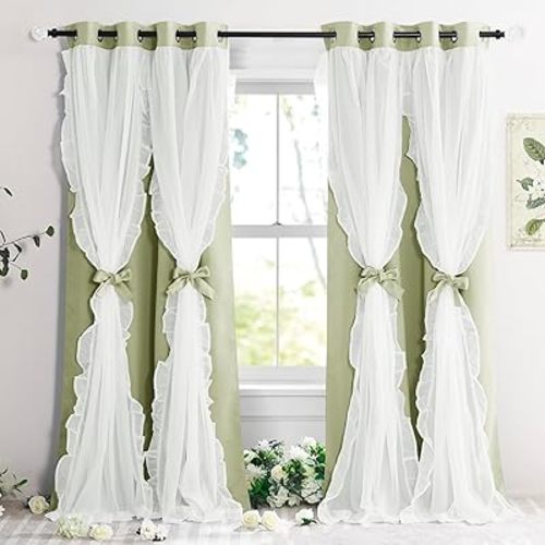 PONY DANCE Blackout Curtains for Whimsical Forest Teen Room，Double Layer Drapes Ruffle Sheer Overlay Farmhouse Rustic Design, W 52 x L 84 Inches, Meadow Green, 2 Panels