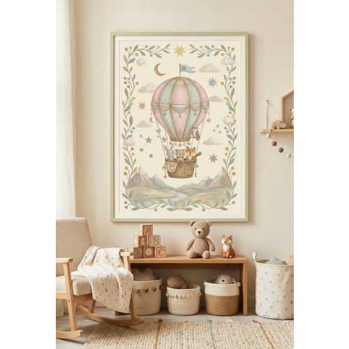 Woodland Hot Air Balloon Nursery Art – Animals, Pastel Baby Room Decor (Digital Download)
