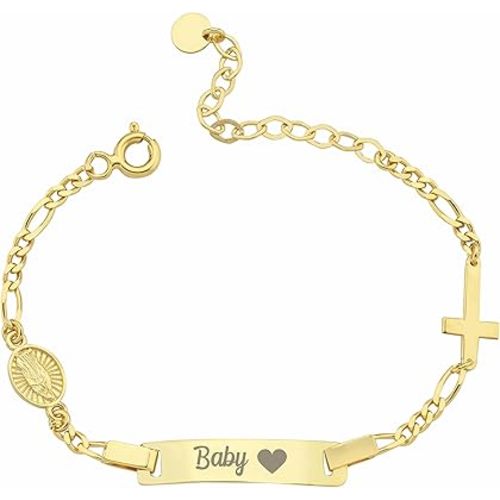 MIONZA 14K Solid Gold Cross Baby Bracelet Girl, Toddler Name Bracelet, Custom Teen Jewelry, Child ID, Newborn Baby Girl or Boy Gift
