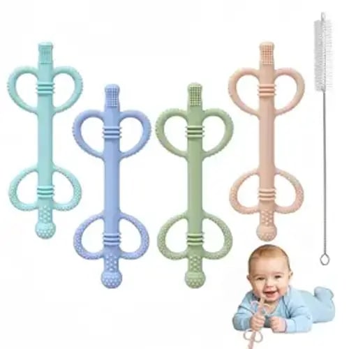4 Pack Baby Teething Toys, Heart-Shaped Easy-Grip Silicone Teething Sticks, BPA-Free Multi-Texture Teething Tubes, Sensory Chew Toys to Soothe Gums 3-36 Months with Cleaning Brush