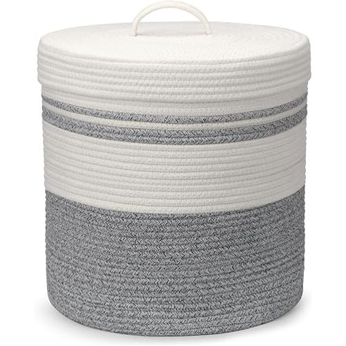 Laundry Hamper with Lid, Woven Laundry Basket,Blanket and Toy Storage Basket for Living Room, Bedroom, Bathroom, Nursery(Grey and White,40L)
