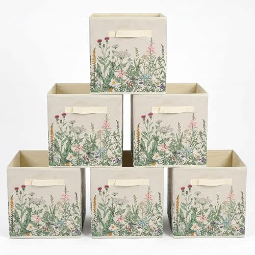 6 Pcs Wild Floral Cube Storage Bins 12.5 Inch Flower Storage Basket with Handle, Beige Collapsible Fabric Box for Classroom Bedrooms Office Home Decoration