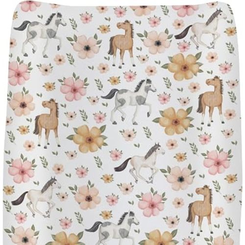 Watercolor Horse Floral Baby Changing Pad Covers for Boy Girl Running Horses Boho Flowers Fitted Changing Table Mats Wild Animals Soft Diaper Change Table Sheets for 32''×16'' Contoured Pad