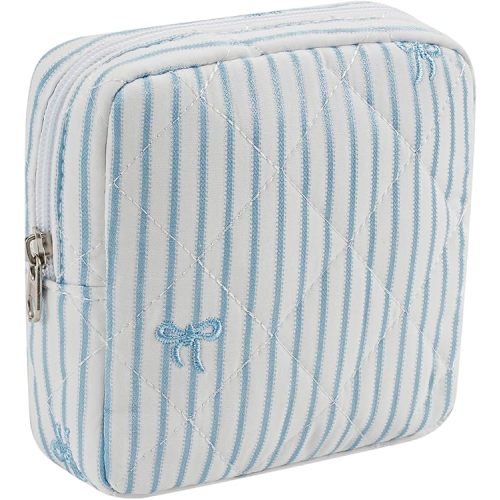 RSRSLEII Small Quilted Striped Cosmetic Pouch for Purse, Mini Cotton Makeup Bag with Compartments, Cute Zipper Lipstick Holder for Women (28 White Stripes)