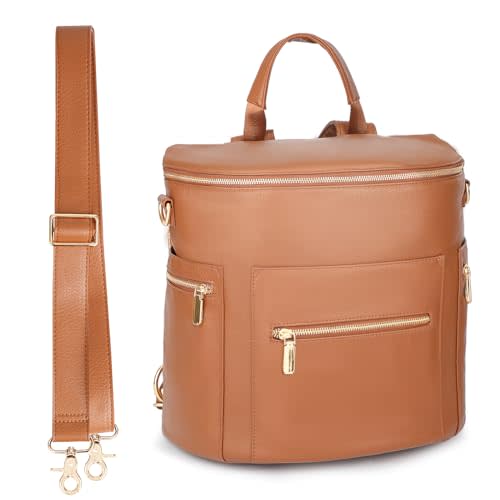 miss fong Diaper Bag Backpack Baby Diaper Bag, Large Leather Diaper Backpack with 16 Pockets Travel Diaper Bag with Diaper Changing Pad, Stroller Straps & 2 Insulated Pockets (Regular, Cognac)