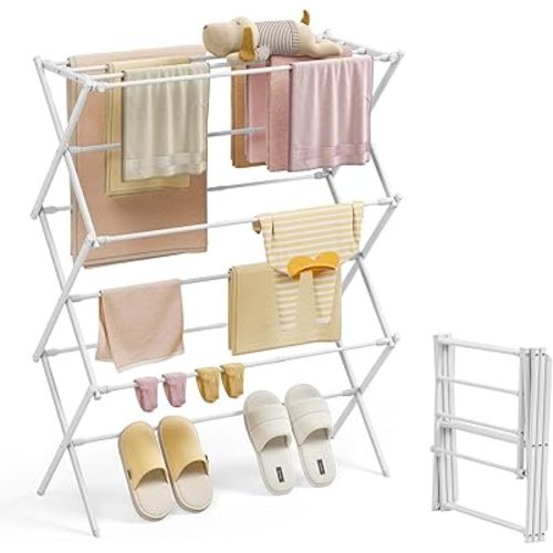 KINGBOARD Clothes Drying Rack, Collapsible Drying Rack Clothing with 11 Poles, 3-Tier Laundry Drying Rack, Small Clothes Drying Rack Foldable for Baby Clothes Sock Towel, 25lb Capacity, White & Grey