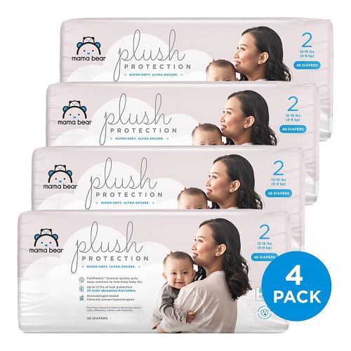 Amazon Brand - Mama Bear Plush Protection Diapers - Size 2, One Month Supply, Hypoallergenic Premium Disposable Baby Diapers, 184 Count (Pack of 4), White and Cloud Dreams