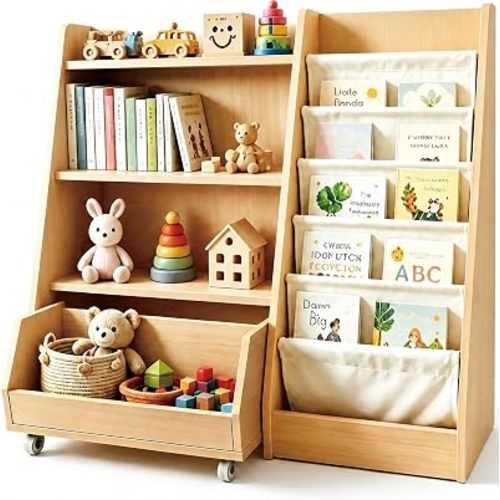 Kids Bookshelf and Toy Storage - Wooden Toddler Book Shelf with Drawer